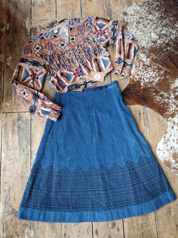 Blue A line corduroy skirt with printed border