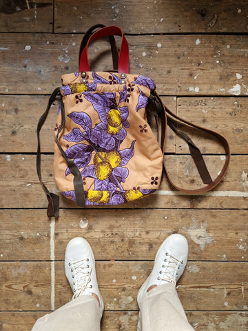 Archive Cotton batik lilac and yellow floral drawstring bag